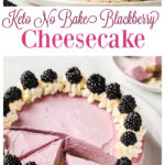 a collage of 2 images of a blackberry cheesecake