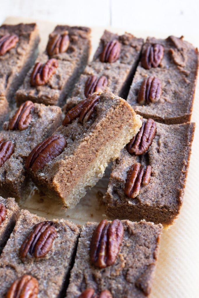 sliced pecan bars on parchment