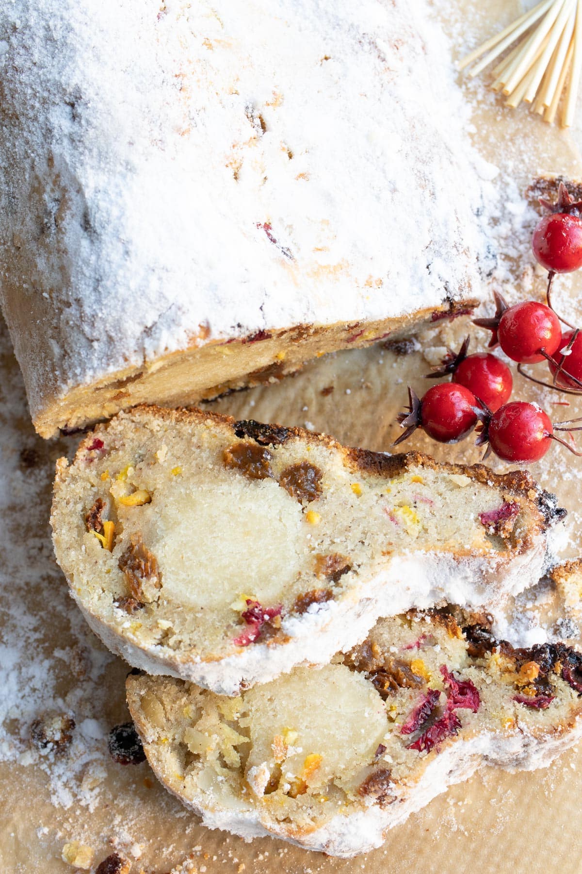 a low carb stollen with two slices cut off