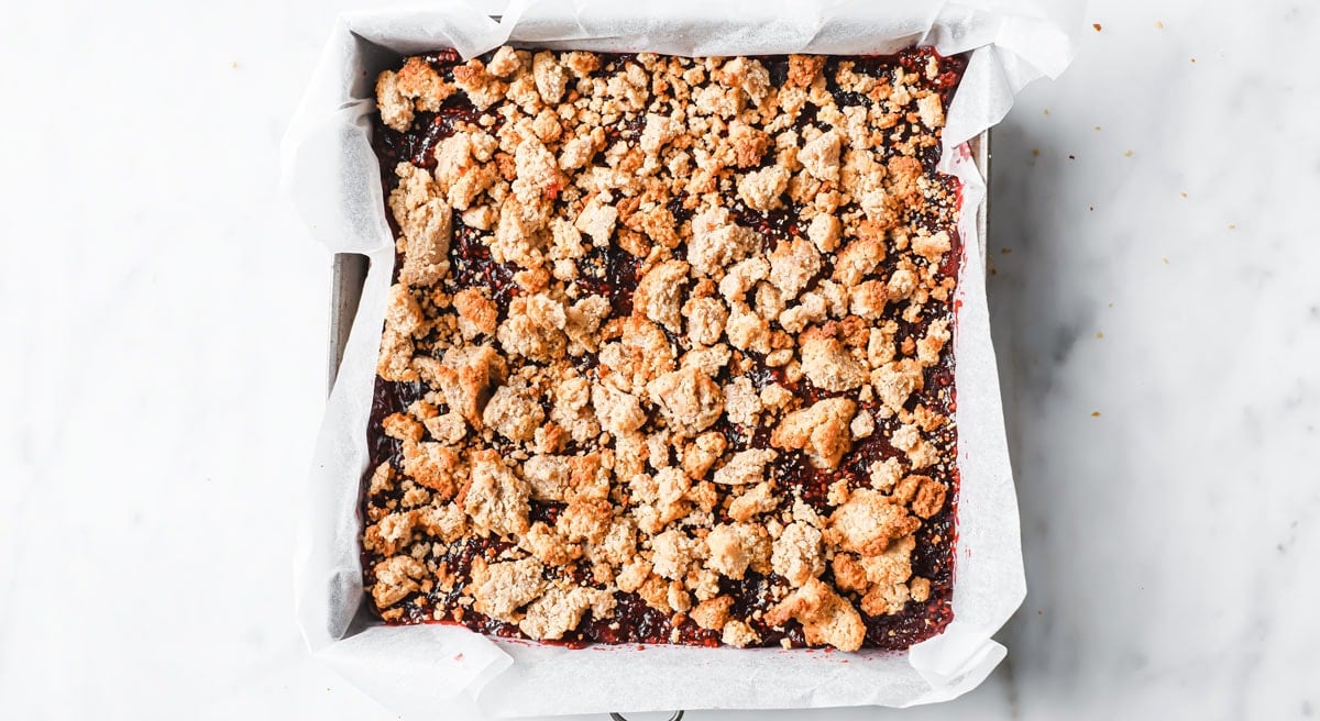 cranberry streusel cake in a square baking pan