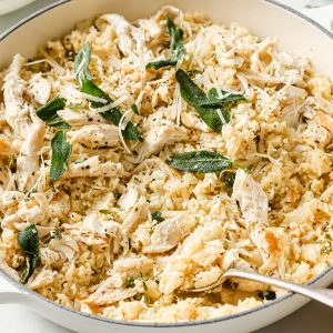 an iron cast pan with cauliflower chicken risotto