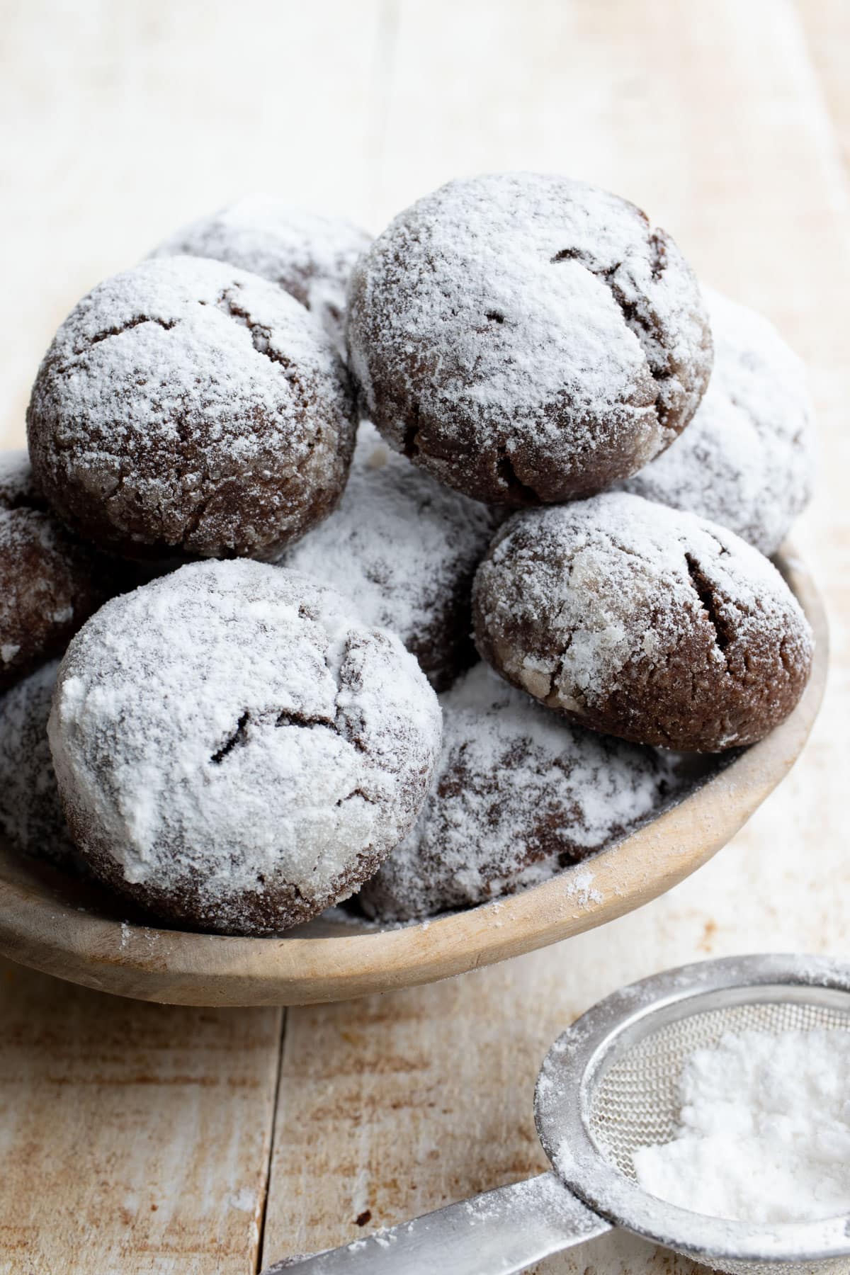 chocolate snowball cookies in a bowl
