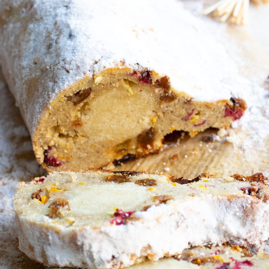 low carb stollen with a marzipan centre and dried fruit