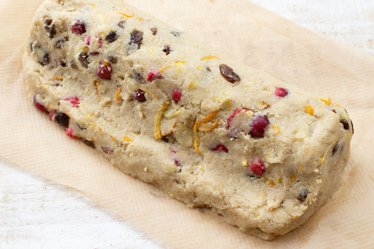unbaked stollen on parchment paper