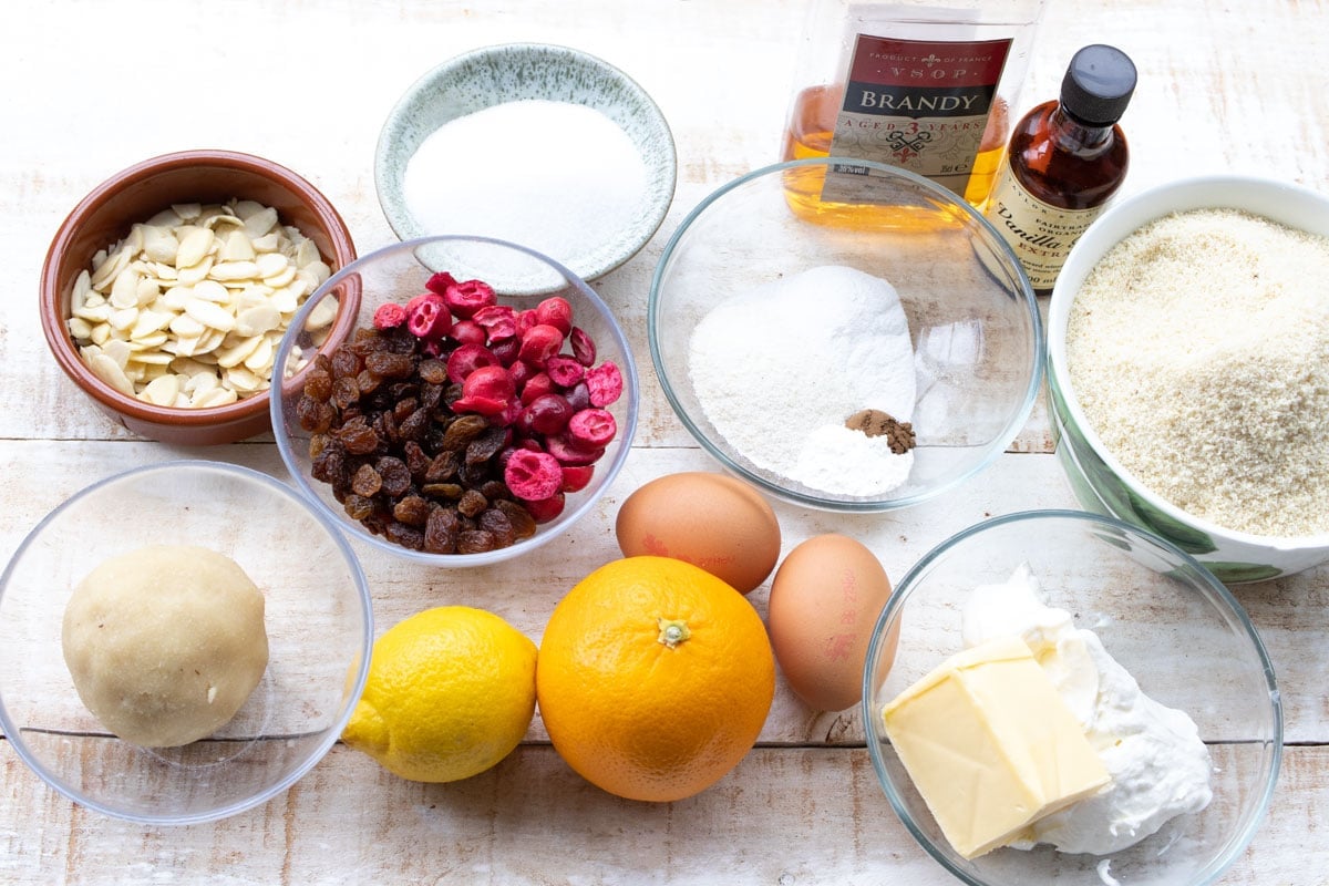 ingredients for stollen measured into bowls