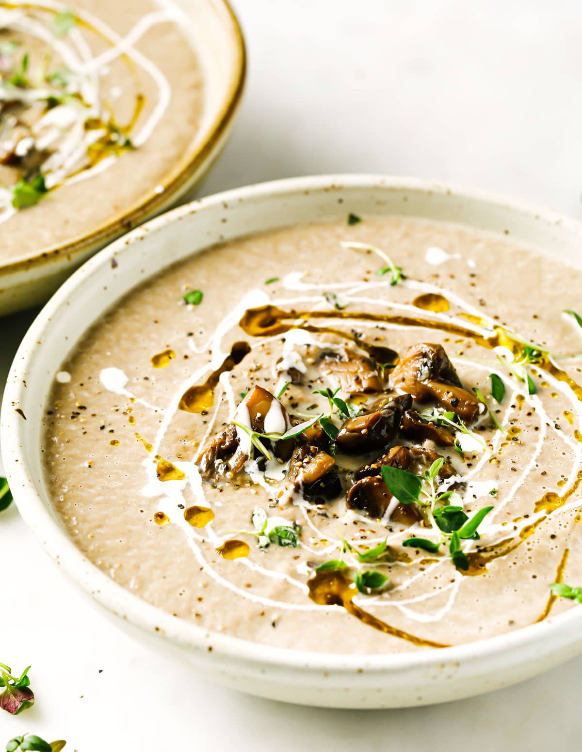 two plates with mushroom soup decorated with mushrooms