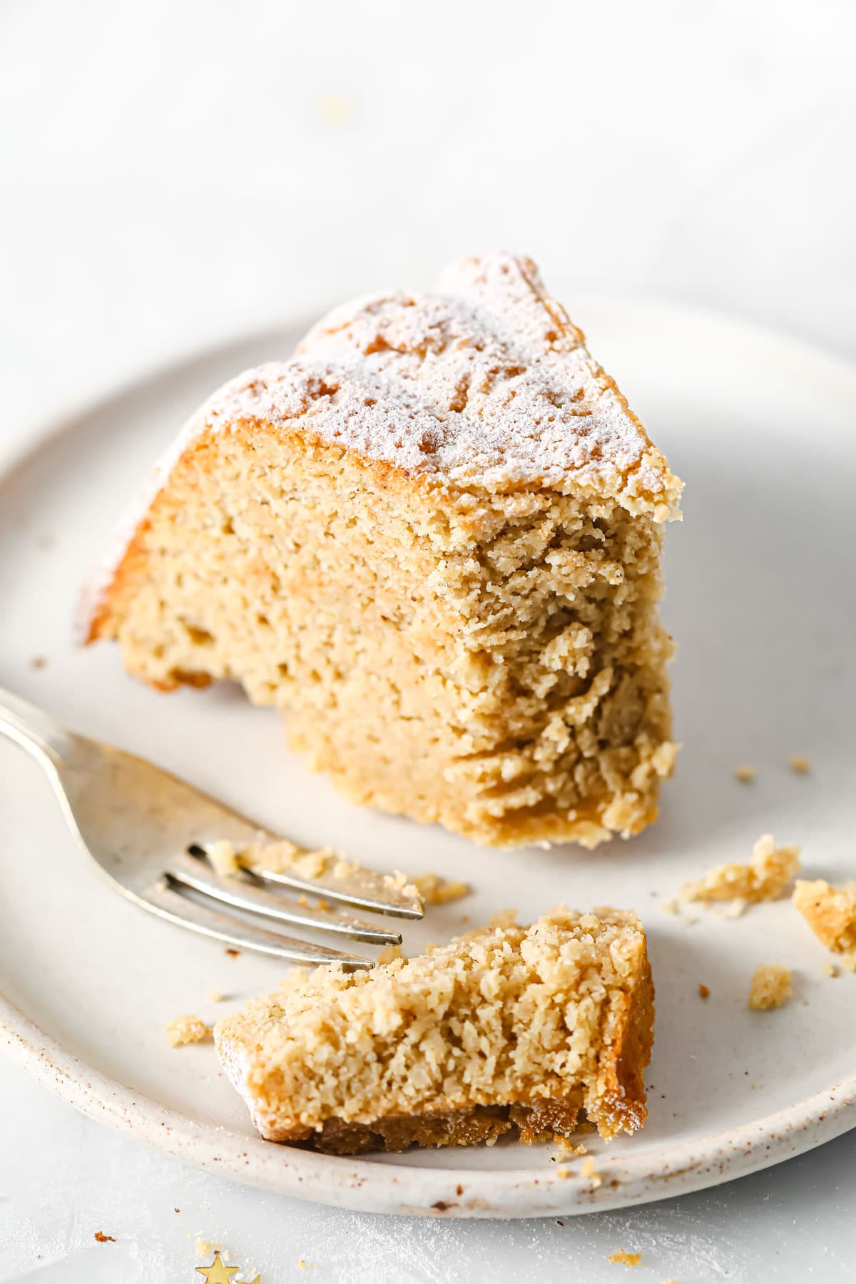 A slice of cake on a plate with a fork.