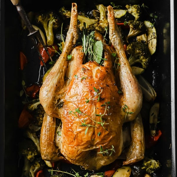 whole roasted chicken and vegetables