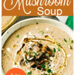 a pinterest pin with an image of a mushroom soup bowl