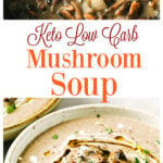 Mushroom soup in a pot and a bowl with mushroom soup.