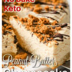 a keto peanut butter cheesecake topped with chocolate drizzle and cookie crumbles