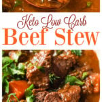 an image collage for Pinterest showing a bowl of beef stew and a ladle in a pot with stew