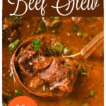 a pinterest pins showing a ladle inside a pot with beef stew
