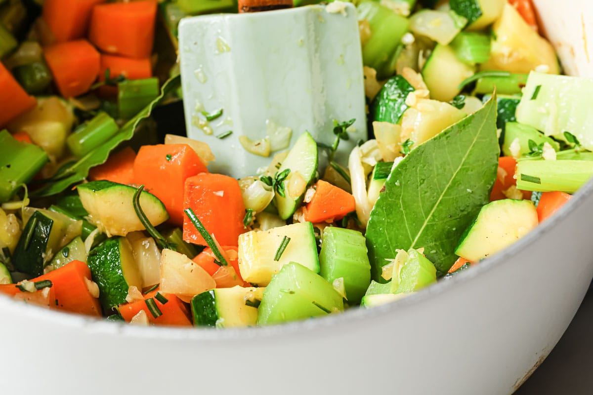 chopped vegetables in a a saucepan