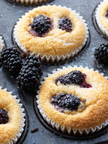 blackberry muffins in a muffin tray
