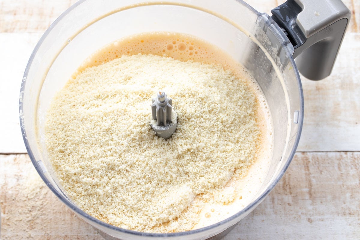 almond flour and egg mix in a food processor bowl