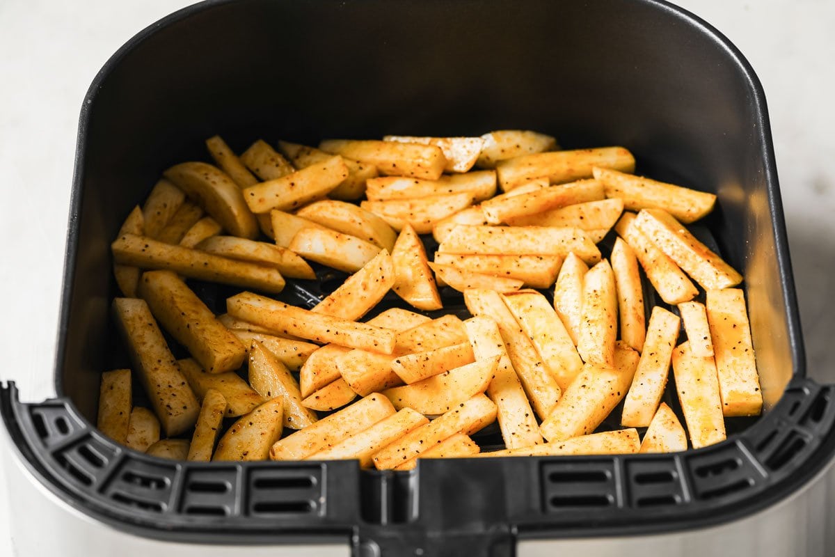 turnip fries in an air fryer basket