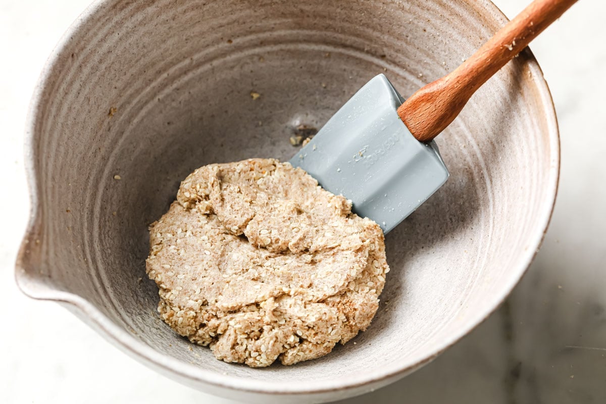 dough in a bowl with a spatula