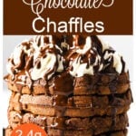 a stack of chocolate Chaffles topped with cream