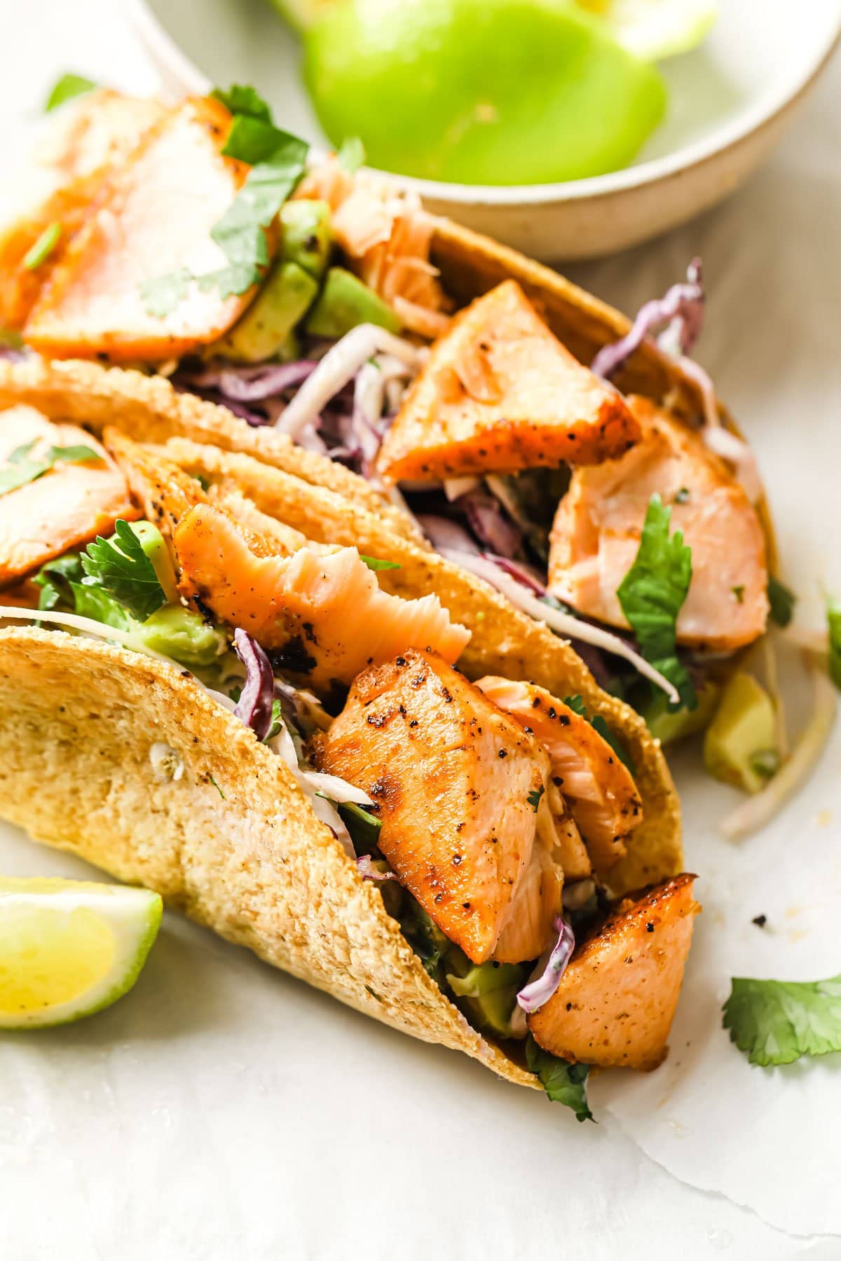 two salmon fish tacos