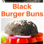 a burger with a black burger bun