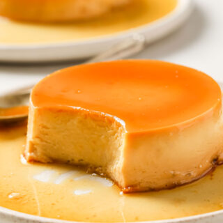 a keto creme caramel with a spoonful taken out