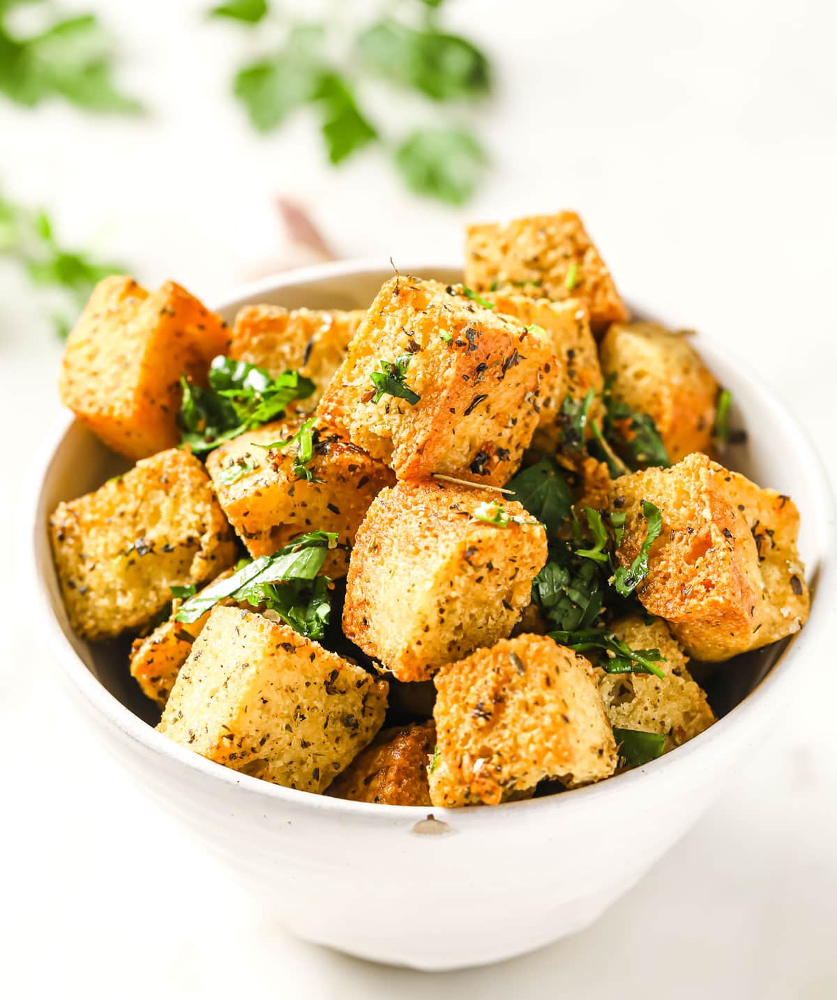 a bowl with croutons