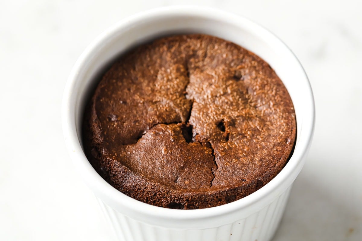 close-up of the baked cake in the ramekin