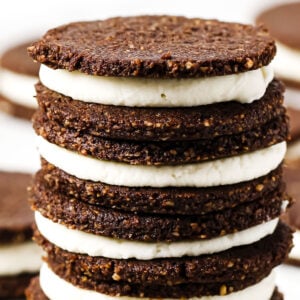 A stack of homemade keto Oreo cookies.