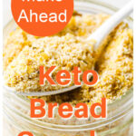 a pinterest pin showing a glass jar of bread crumbs with a filled spoon resting on top