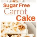 A carrot cake topped with frosting and ingredients to make this recipe.