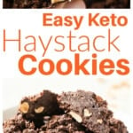 A bowl with chocolate coconut haystacks and a halved cookie.