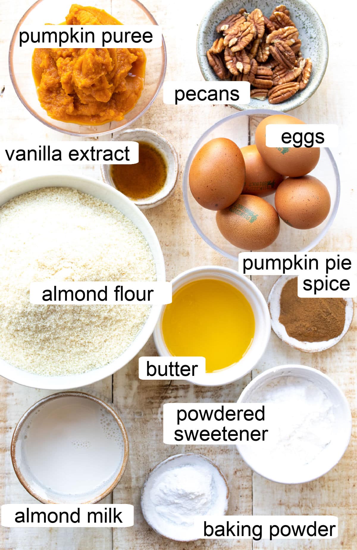 Pumpkin bars ingredients measured into bowls and labelled.