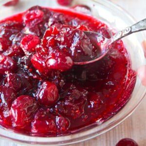 A bowl with cranberry sauce and a spoon.