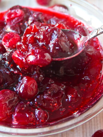 A bowl with cranberry sauce and a spoon.