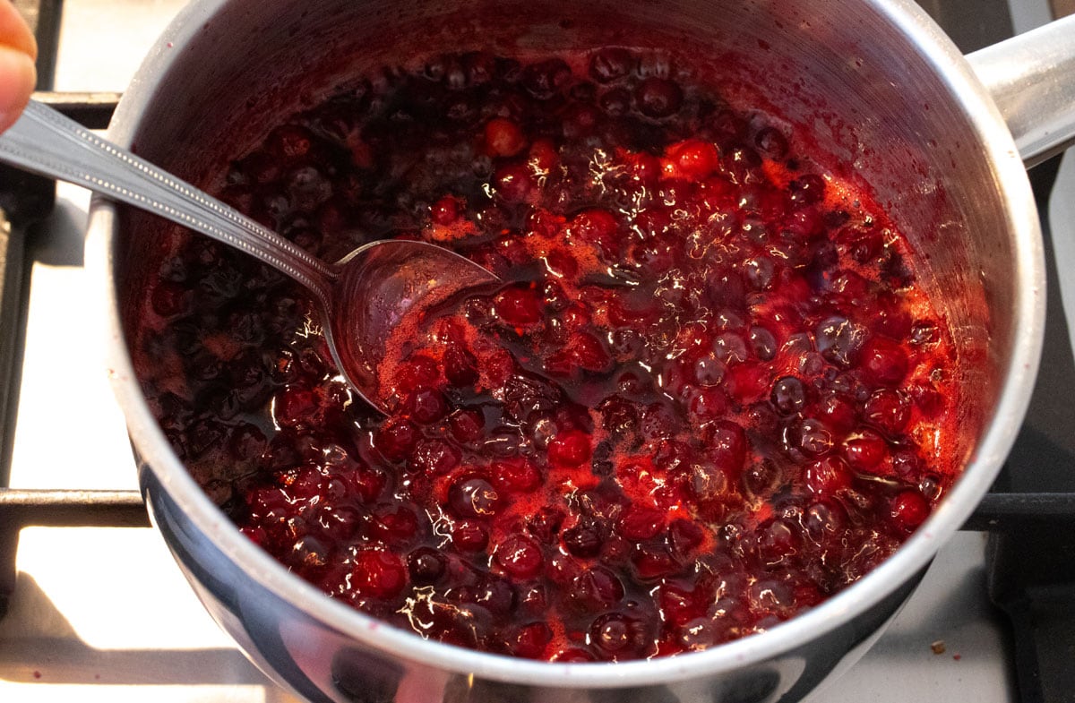 Cranberries and water in a saucepan.