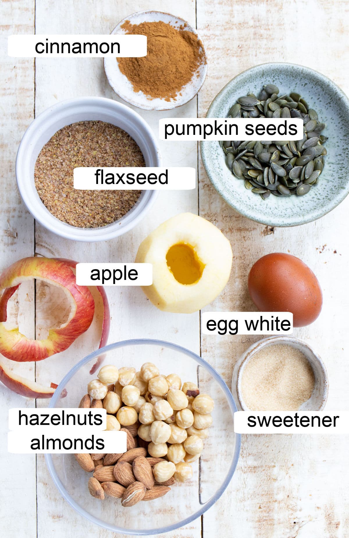 Ingredients to make this recipe, measured into bowls and labelled.