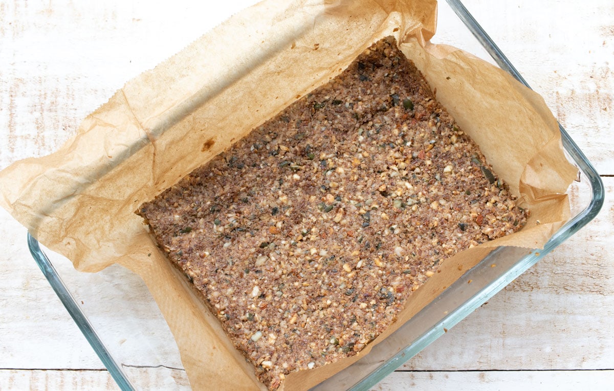 Unbaked mix in a baking pan.