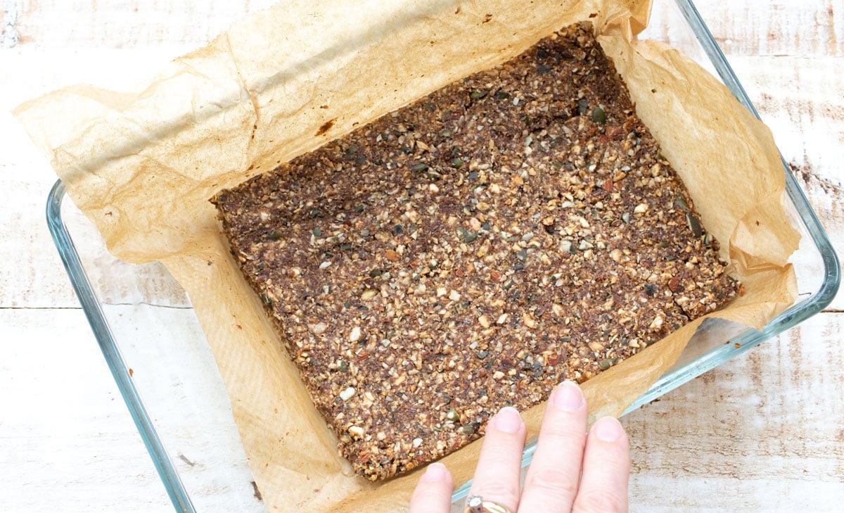 Baked flapjack mix in a baking pan.