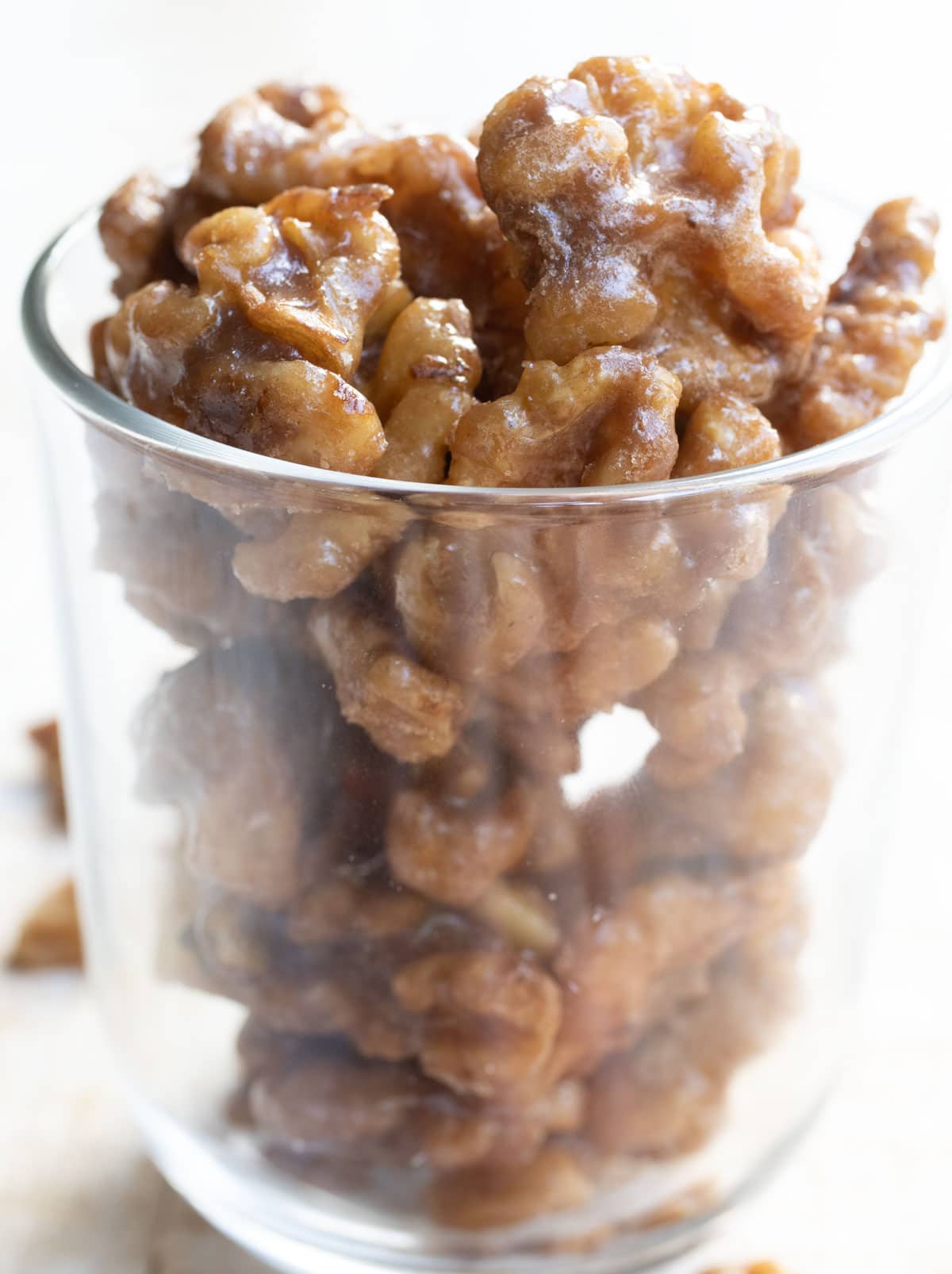 Candied walnuts in a glass.