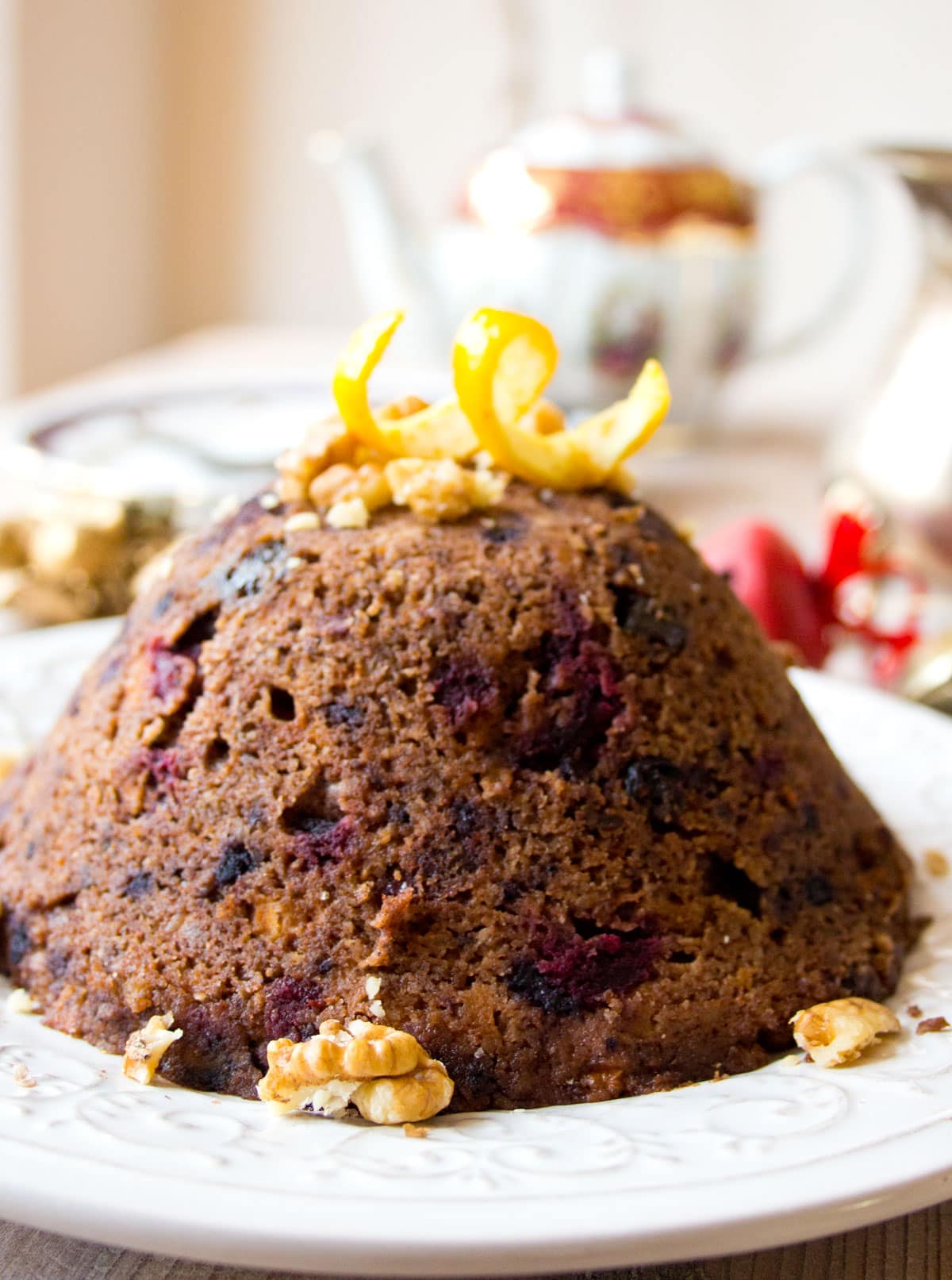 A Christmas pudding on a plate.