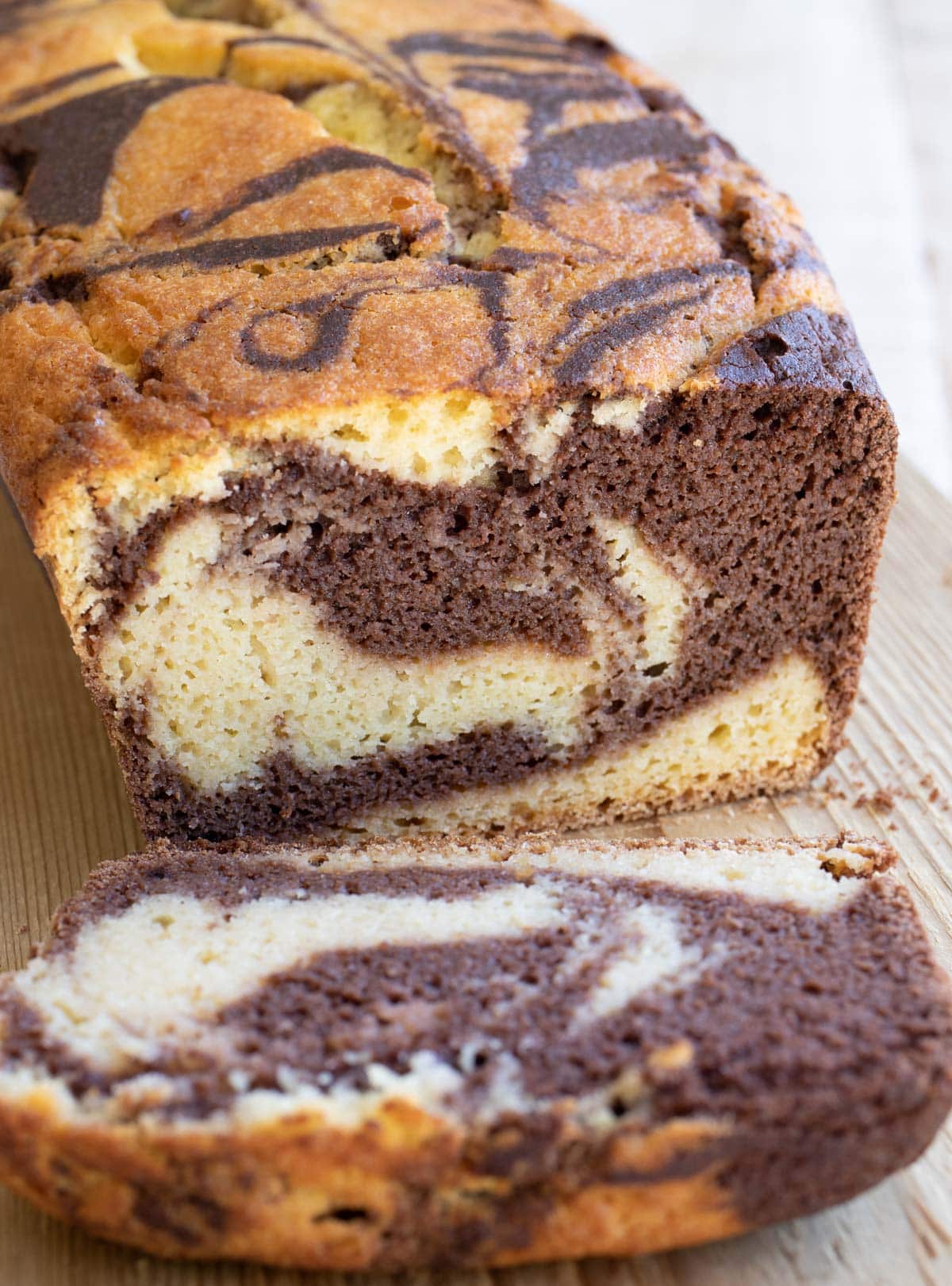 Sliced marble cake.