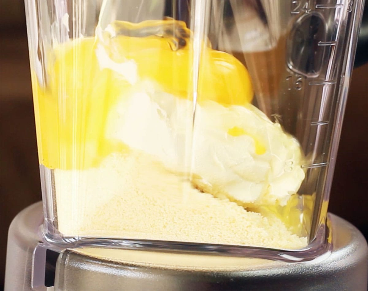Ingredients for pancakes in a high speed blender.