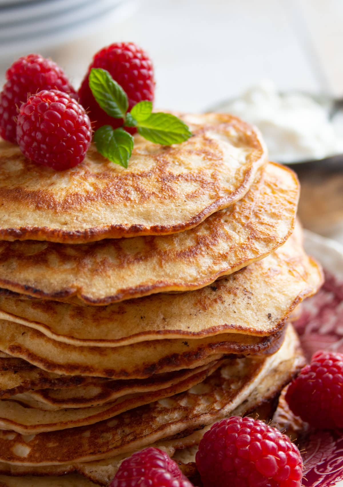 Closeup of a stack of almond flour pancakes.