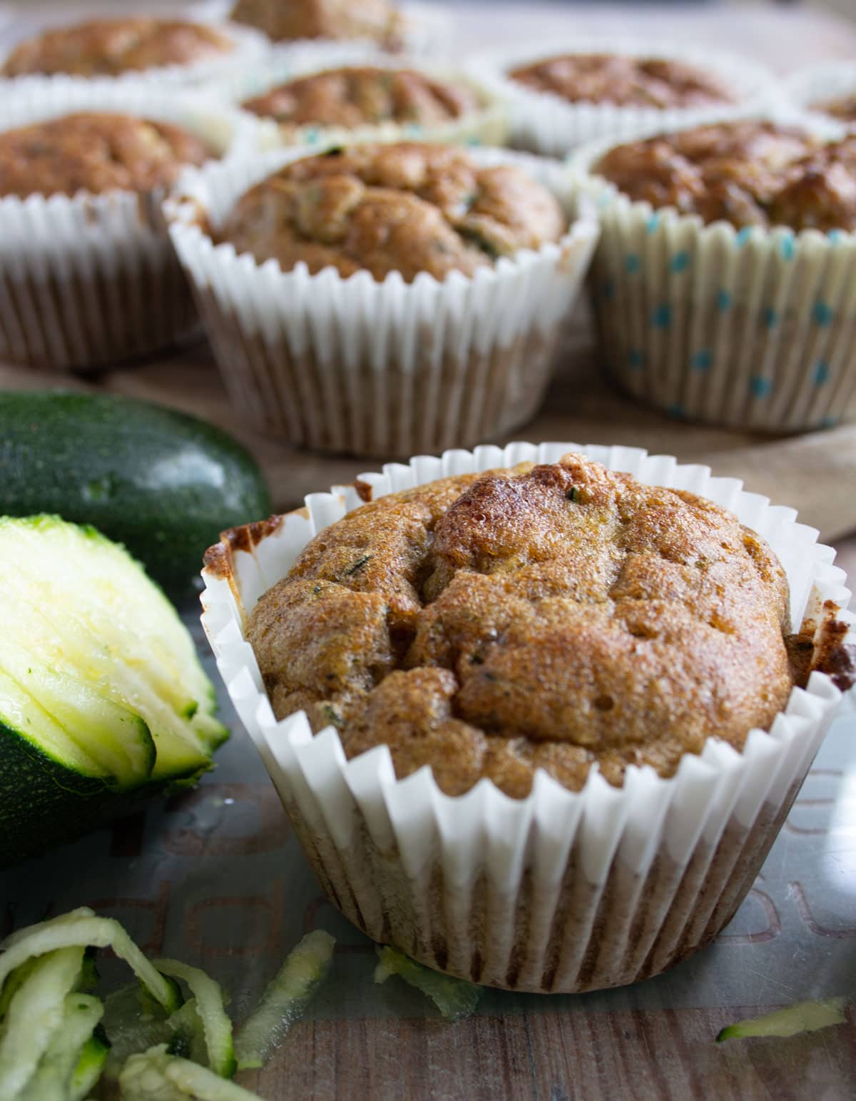 Closeup of a zucchini muffin.