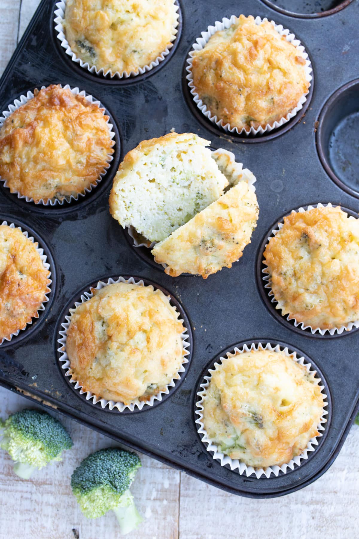 A muffin pan with broccoli muffins.