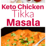 A pan with chicken tikka masala and ingredients to make the recipe.
