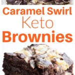 A stack of caramel swirl brownies and sliced brownie squares.