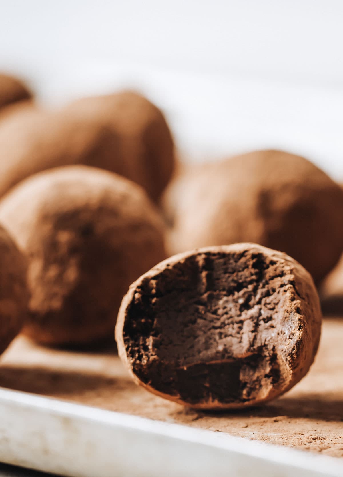 Closeup of a truffle, bitten into.