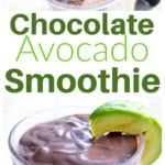 A glass with a chocolate smoothie and an avocado slice and a blender with chocolate avocado smoothie.